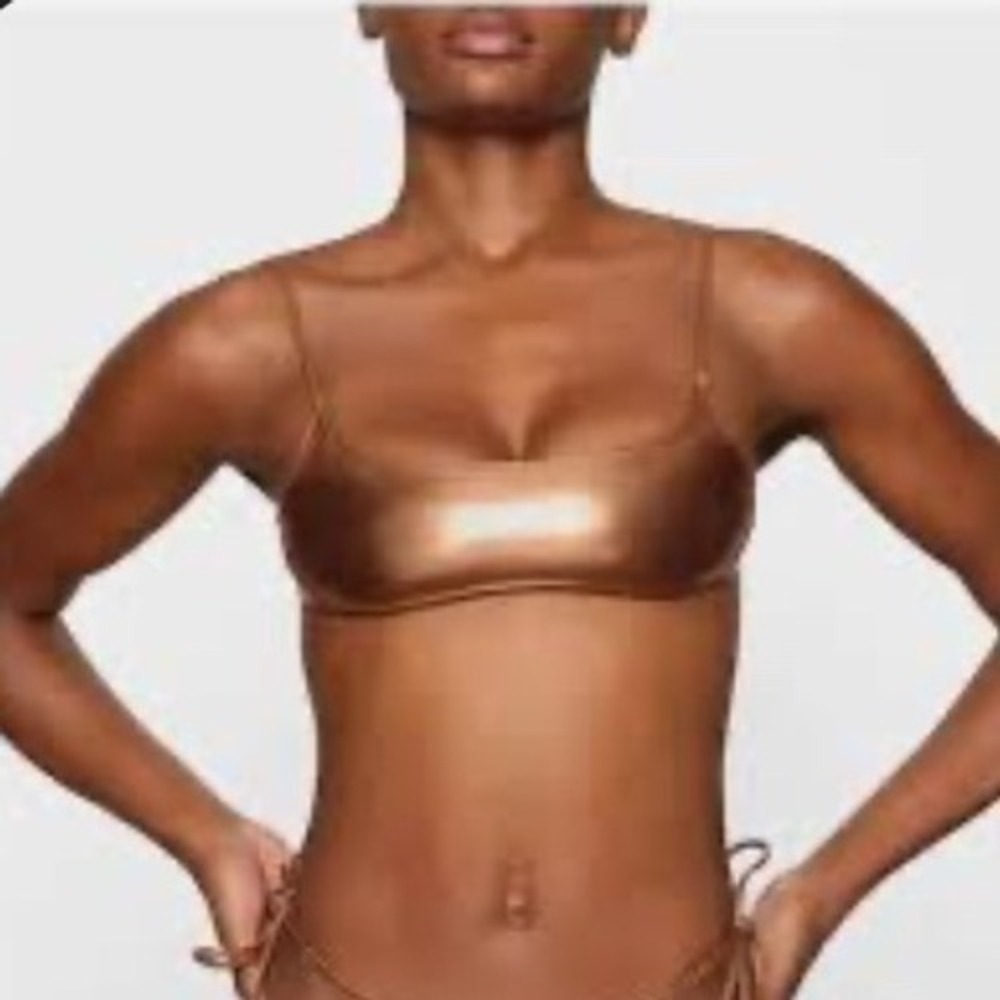 Skims Metallic Swim Micro Scoop Bikini‎ Top Penny Bronze NWT 3X